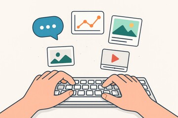Hands Typing on Keyboard Surrounded by Images and Chat Bubble Representing Digital Engagement