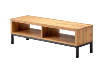 Wooden tv stand with black metal legs isolated on transparent background