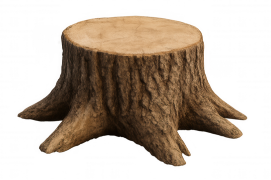 Weathered tree stump revealing intricate root system and aged growth rings against transparent backdrop