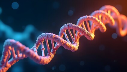 Glowing DNA Strand - A close-up view of a DNA double helix, with parts of it illuminated in blue and orange hues. The background is blurred, adding depth to the image.