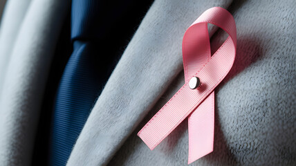 A pink ribbon, a symbol of breast cancer awareness, is pinned to a mans suit jacket, representing support and solidarity in the fight against the disease