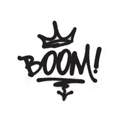 A black and white graffiti tag spelling out BOOM with a crown above and a stylized underline below.
