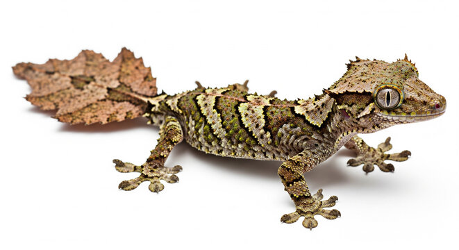 Masterfully Camouflaged Leaf-tailed Gecko Resting on an Isolated transparent background.