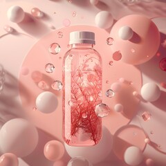 Pink Serum Glow &mdash; Soft pink cosmetic bottle surrounded by bubbles, feminine beauty and skincare aesthetic