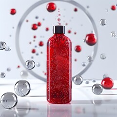 Red Serum in Motion &mdash; Vibrant red serum bottle with floating droplets, skincare concept full of vitality