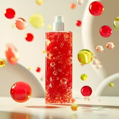 Red Cosmetic Bottle Splash &mdash; Red cosmetic serum bottle with vibrant bubbles, skincare freshness and energy design