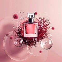 Pink Perfume Splash &mdash; Stylish pink perfume bottle surrounded by splashing liquid, beauty product concept in motion