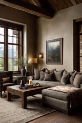 Obraz premium Cozy living room with rustic charm featuring a sectional sofa and warm lighting in a mountain retreat