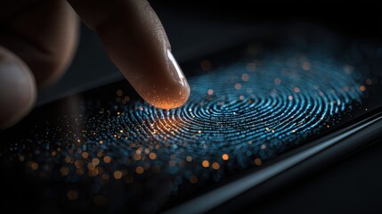 Finger touching digital fingerprint biometrics futuristic technology background, concept of security and identification on dark surface