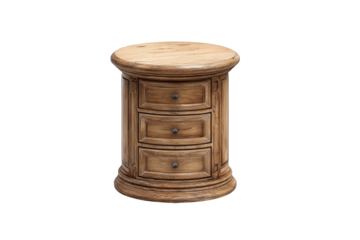 Antique wooden round bedside table with three drawers isolated on transparent background