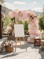 Frontal view mockup of easel with vertical 18x24 inches blank sign at outdoor party scene decorated with pink balloons neutral balloons and boho floral arrangements, realistic event signage template