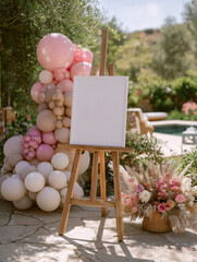 Frontal view mockup of easel with vertical 18x24 inches blank sign at outdoor party scene decorated with pink balloons neutral balloons and boho floral arrangements, realistic event signage template