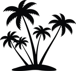 Group of palm tree silhouettes on tropical island, black coconut tree vector illustration, exotic beach paradise symbol, summer holiday decorative design