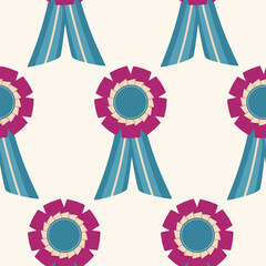 Seamless pattern with rosette badges. Ribbon winner rosette in repeat print. Ranking badges, prize emblems, awards for success for background