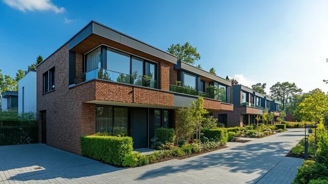 Modern Brick Homes in Green neighborhood: capturing the essence of modern urban living, rows of contemporary brick houses with sleek designs and lush greenery create an inviting ambiance.