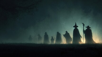 Eerie Pilgrimage of Silhouetted Wizards Through a Gloomy, Backlit Mist