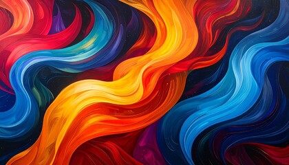 Obraz premium Vibrant, abstract artwork featuring swirling, flowing ribbons of color blending against a dark backdrop, evoking energy