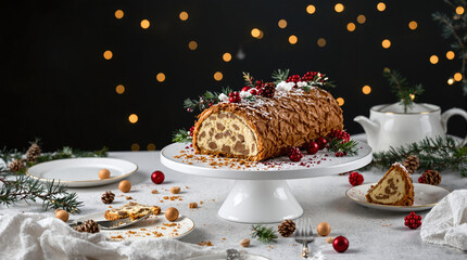 Elegant B&ucirc;che de No&euml;l with Cranberries and Pine, Perfect for a Holiday Dessert Spread