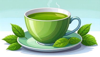 A vibrant green teacup filled with steaming liquid, surrounded by fresh leaves