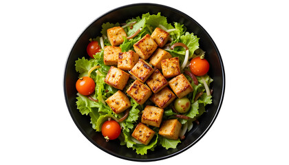 Fresh Salad with grilled Tofu in Bowl isolated on white and transparant background.