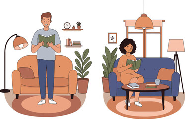 People reading books in cozy living rooms, relaxing at home, modern interior design, comfortable furniture, indoor plants, peaceful lifestyle, leisure activity, home decor, vector illustration