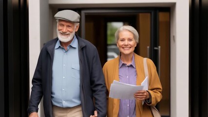 A man and a woman are walking together. The man is wearing a blue shirt and a hat. Elderly couple walking out of clinic holding hands with paperwork, medicaid bright warm caring mood