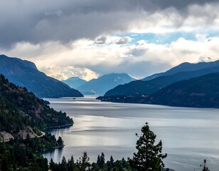 Mountain lake vista under a cloudy sky