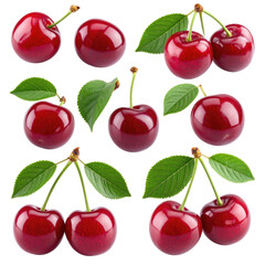Close-up view of multiple ripe cherries, arranged in a grid pattern.  Each cherry is highlighted and features a glossy, vibrant red skin.  
