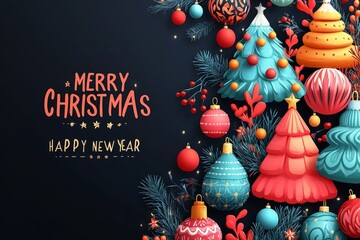  merry christmas happy new year christmas trees ornaments festive holiday season celebration december ,32k Resolution