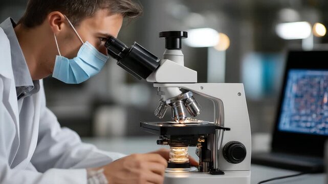 A man in a white lab coat and a blue mask is examining something under a microscope. technician inspecting semiconductor chip under microscope, shortage clean sci‑tech lab