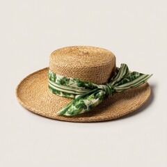 Light beige straw boater hat with a green patterned scarf