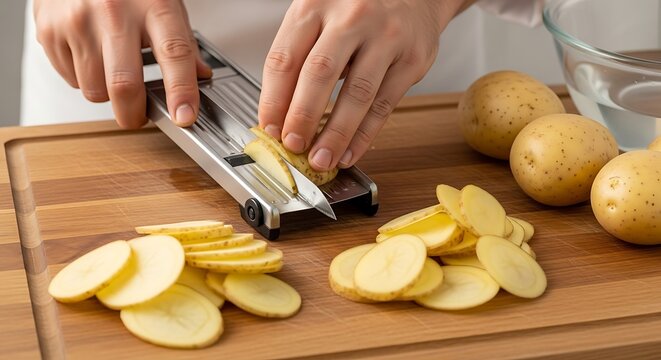 Golden potato chips preparation with fresh sliced potatoes ready