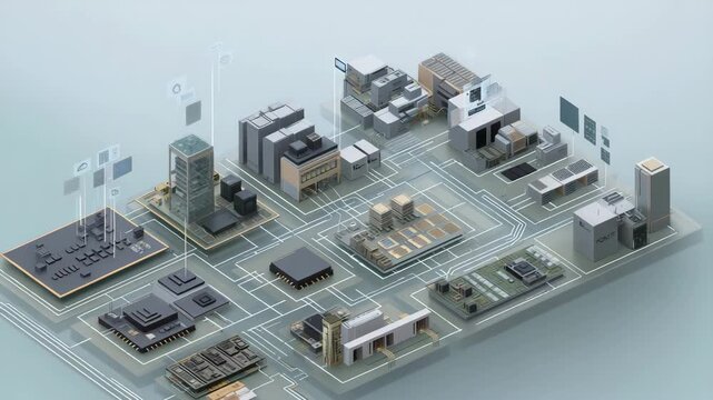 A computer chip is shown in a cityscape. The chip is surrounded by other computer chips. Flat infographic showing semiconductor manufacturing bottlenecks, clean muted blue tone