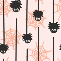 
Little spiders hanging from webs creating a Halloween spooky scene in colors of black, off white and peach on pink background. Holiday seamless vector pattern. Great for home decor, fabric, wallpaper