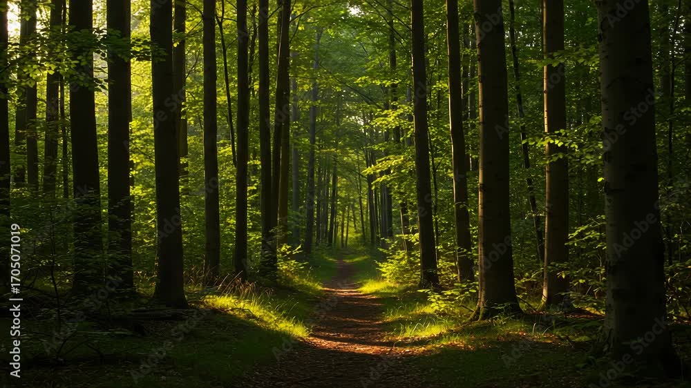 Poster Sunlit forest path with tall trees and dappled sunlight