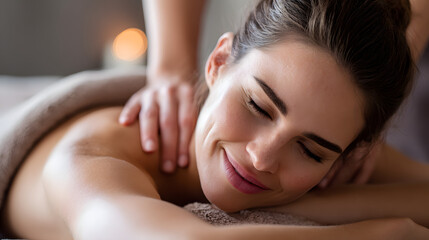 Obraz premium Happy Woman Enjoying Relaxing Massage in Spa Salon with Calm Atmosphere and Soft Lighting