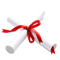 Two rolled diplomas crossed, tied with a red ribbon
