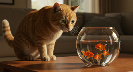 Ginger Cat Intently Watching Goldfish Swimming in a Glass Bowl.