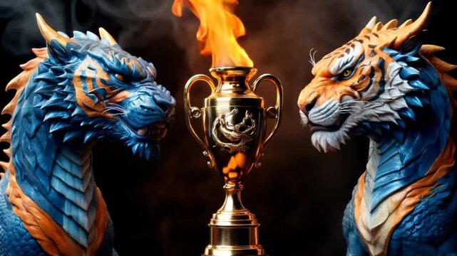 Fierce Dragon-Tiger Guardians and Flaming Trophy