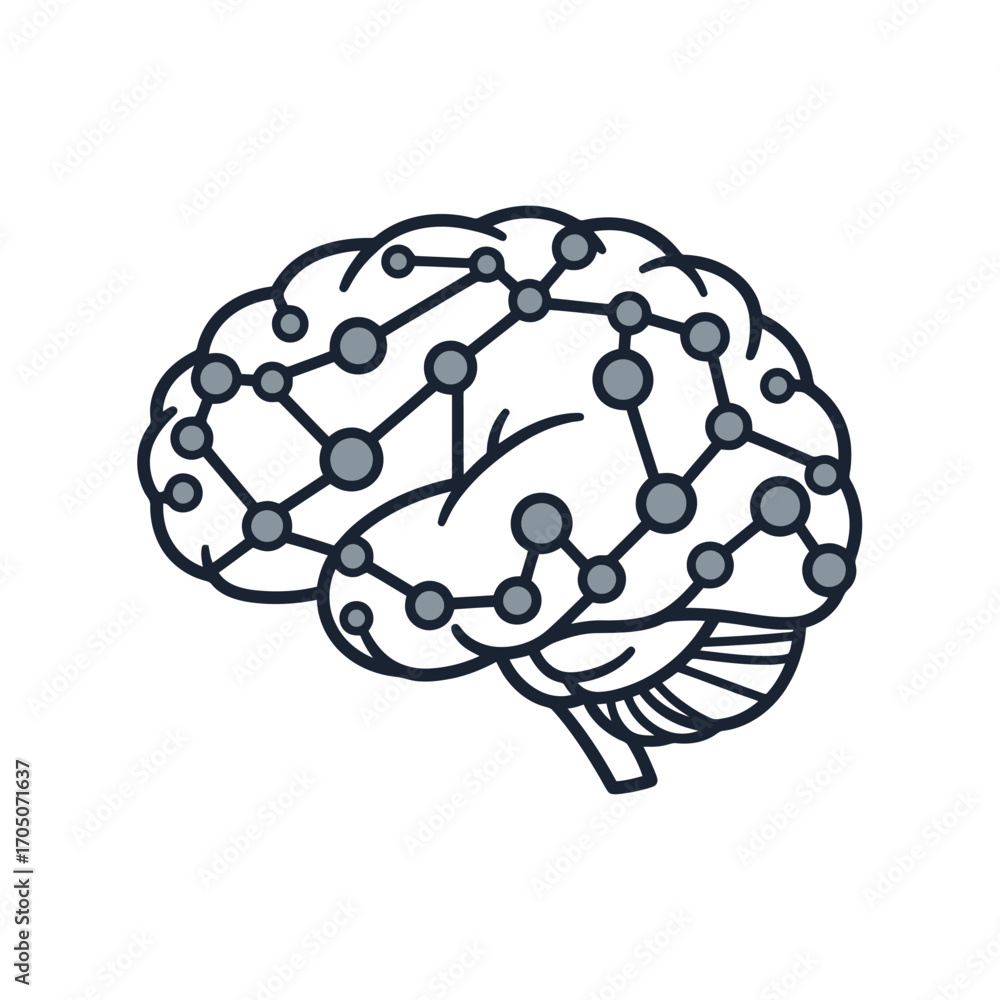 Poster stylized illustration of a human brain with connected nodes, representing neural networks and cognit