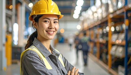 Smiling woman in a yellow hard hat and safety vest, standing in a warehouse aisle. Shelves are visible in the background