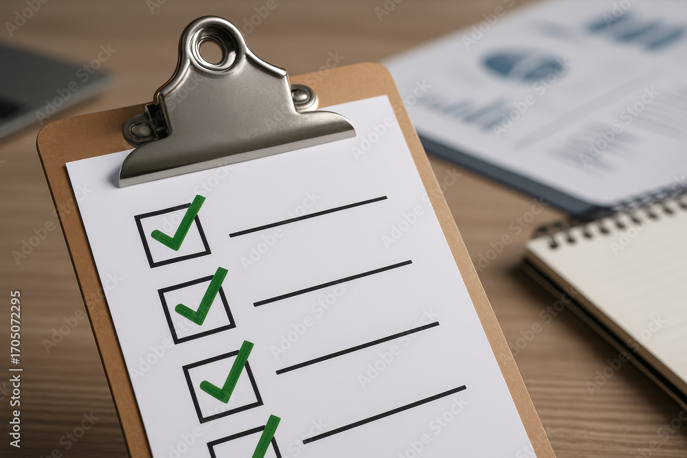 Aufkleber checklist with green check marks on clipboard, to do list and task list concept, paper on wooden des