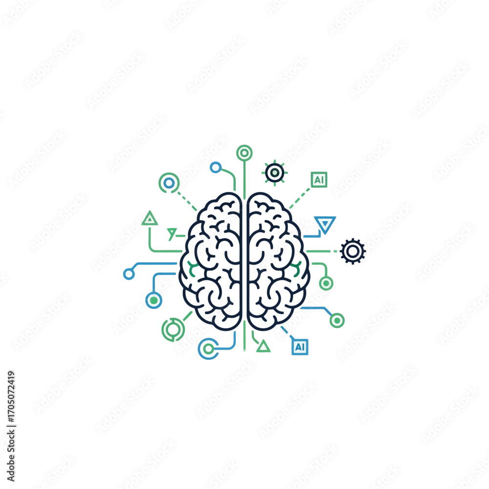 Poster a stylized brain illustration interconnected with various abstract symbols, representing intellect a