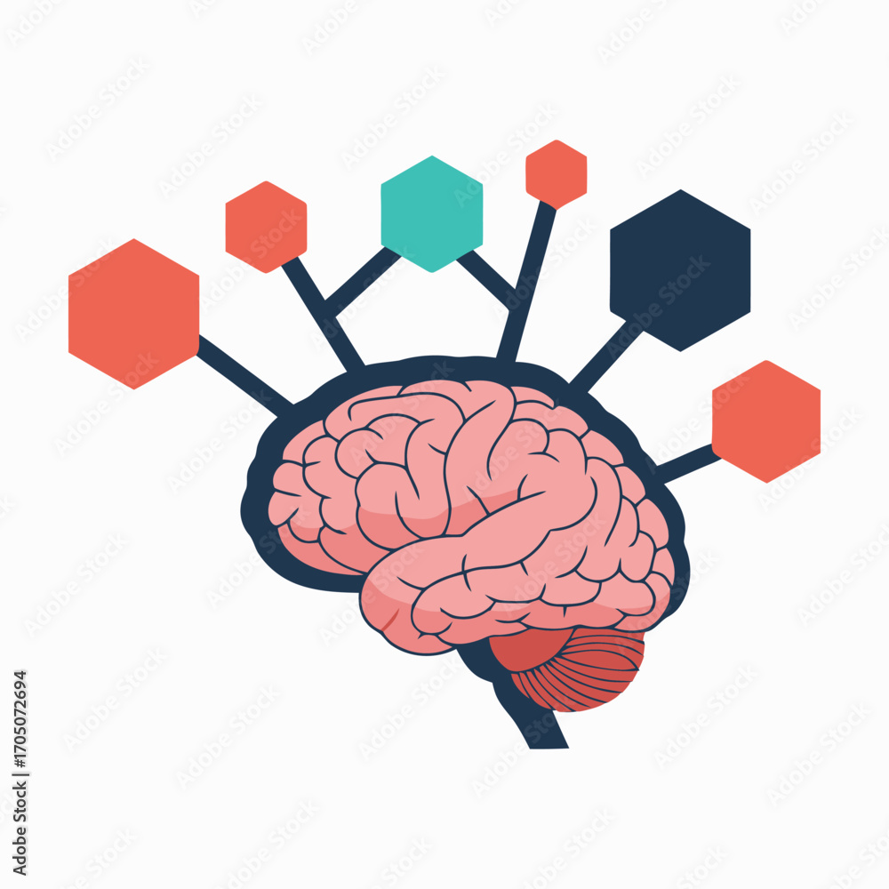 Aufkleber human brain interconnected with colorful hexagonal nodes, representing cognitive functions and neura