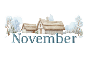 Watercolor illustration of november with thatched roof houses and winter trees isolated on transparent background