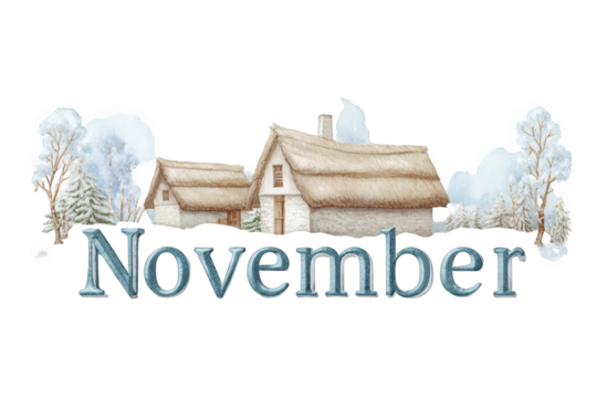 Watercolor illustration of november with thatched roof houses and winter trees isolated on transparent background