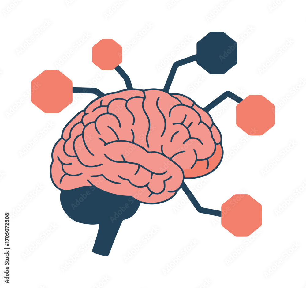 Poster a stylized human brain interconnected with data points, illustrating neural network connectivity.