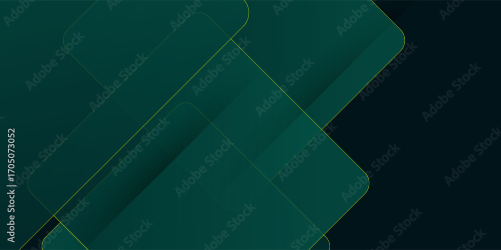 Poster Dark green abstract background with gold lines and shadow. Geometric shape overlap layers. Transparent squares. Modern luxury rounded squares graphic pattern banner template design