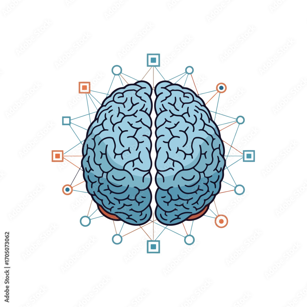 Poster illustration of a human brain with interconnected nodes, representing cognitive processes and neural
