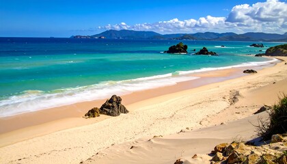 Wide shot of a sun-drenched sandy beach with turquoise water, rocky outcrops, and a distant mountain range under a blue sky